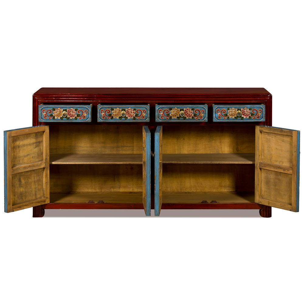 Distressed Red and Light Blue Flower Motif Elmwood Tibetan Cabinet