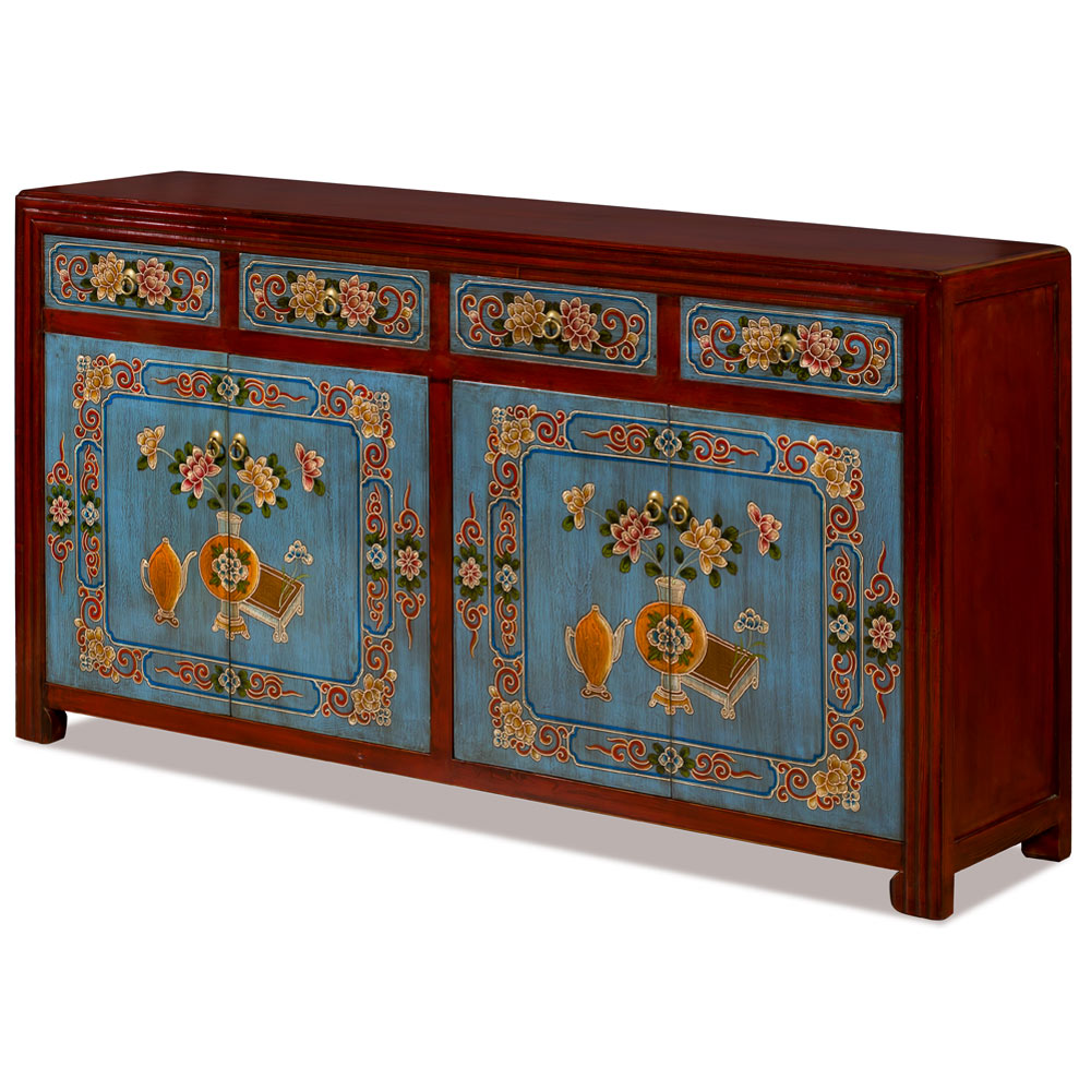 Distressed Red and Light Blue Flower Motif Elmwood Tibetan Cabinet