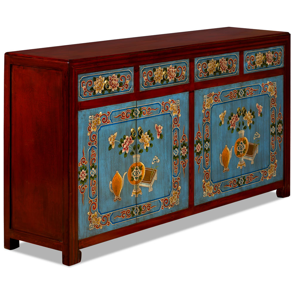 Distressed Red and Light Blue Flower Motif Elmwood Tibetan Cabinet