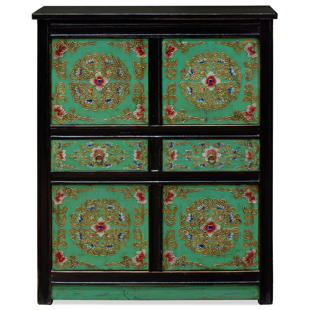 Hand Painted Mint Green Floral Motif Tibetan Storage Chest