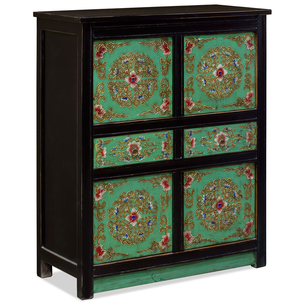 Hand Painted Mint Green Floral Motif Tibetan Storage Chest