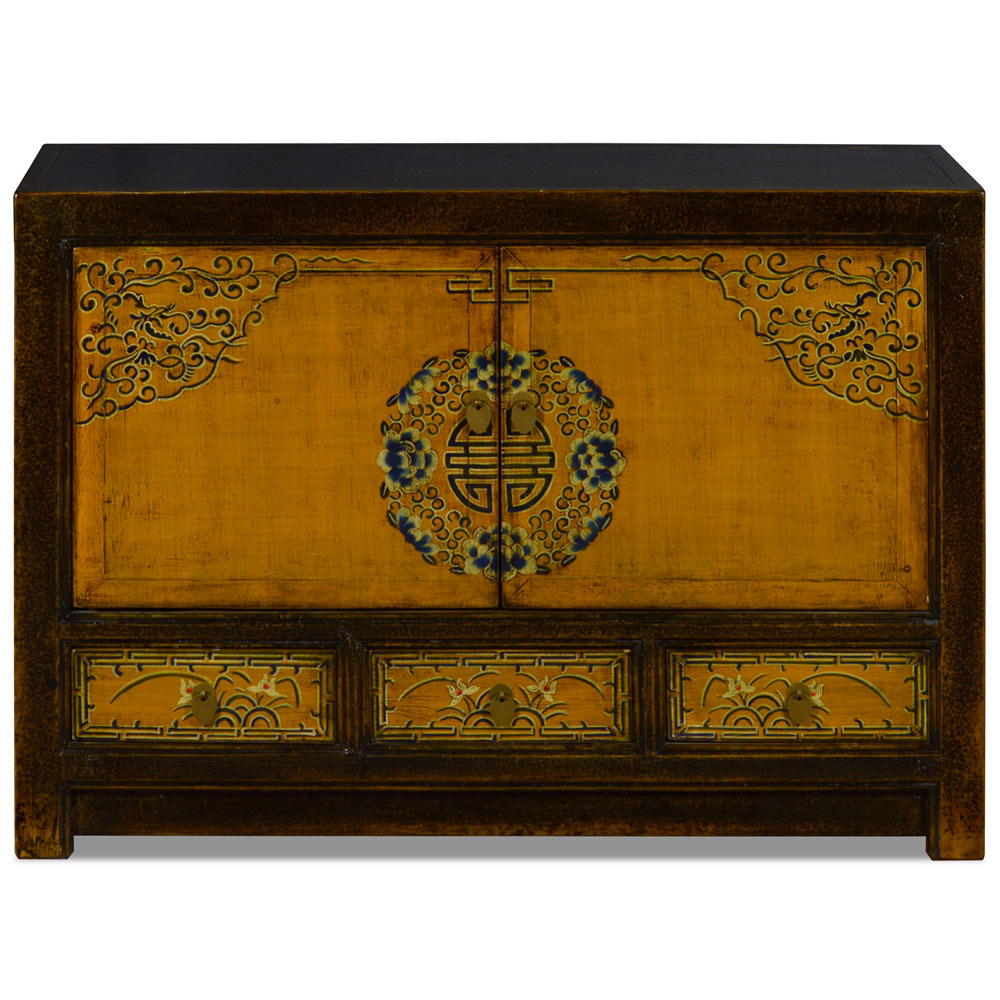 Distressed Golden Yellow Elmwood Qing Dynasty Cabinet