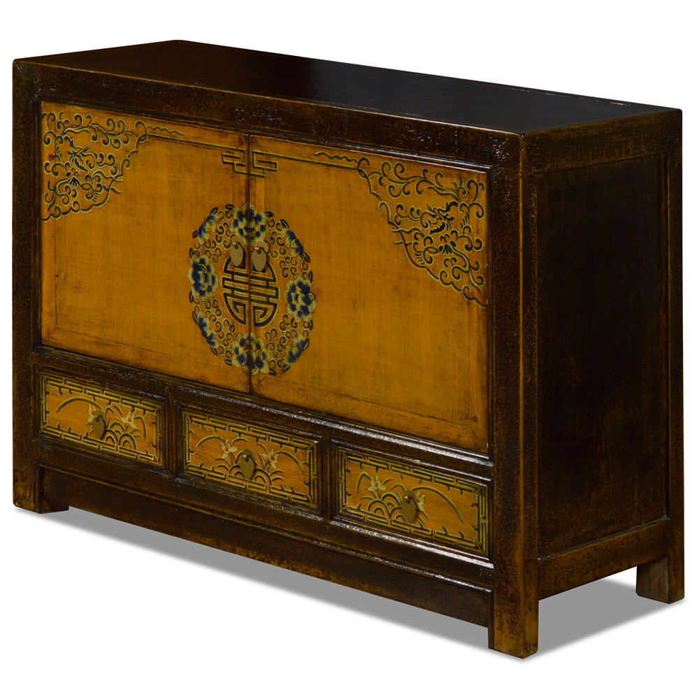 Distressed Golden Yellow Elmwood Qing Dynasty Oriental Cabinet