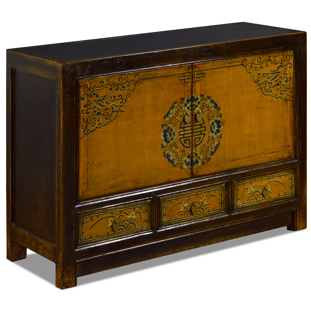 Distressed Golden Yellow Elmwood Qing Dynasty Oriental Cabinet