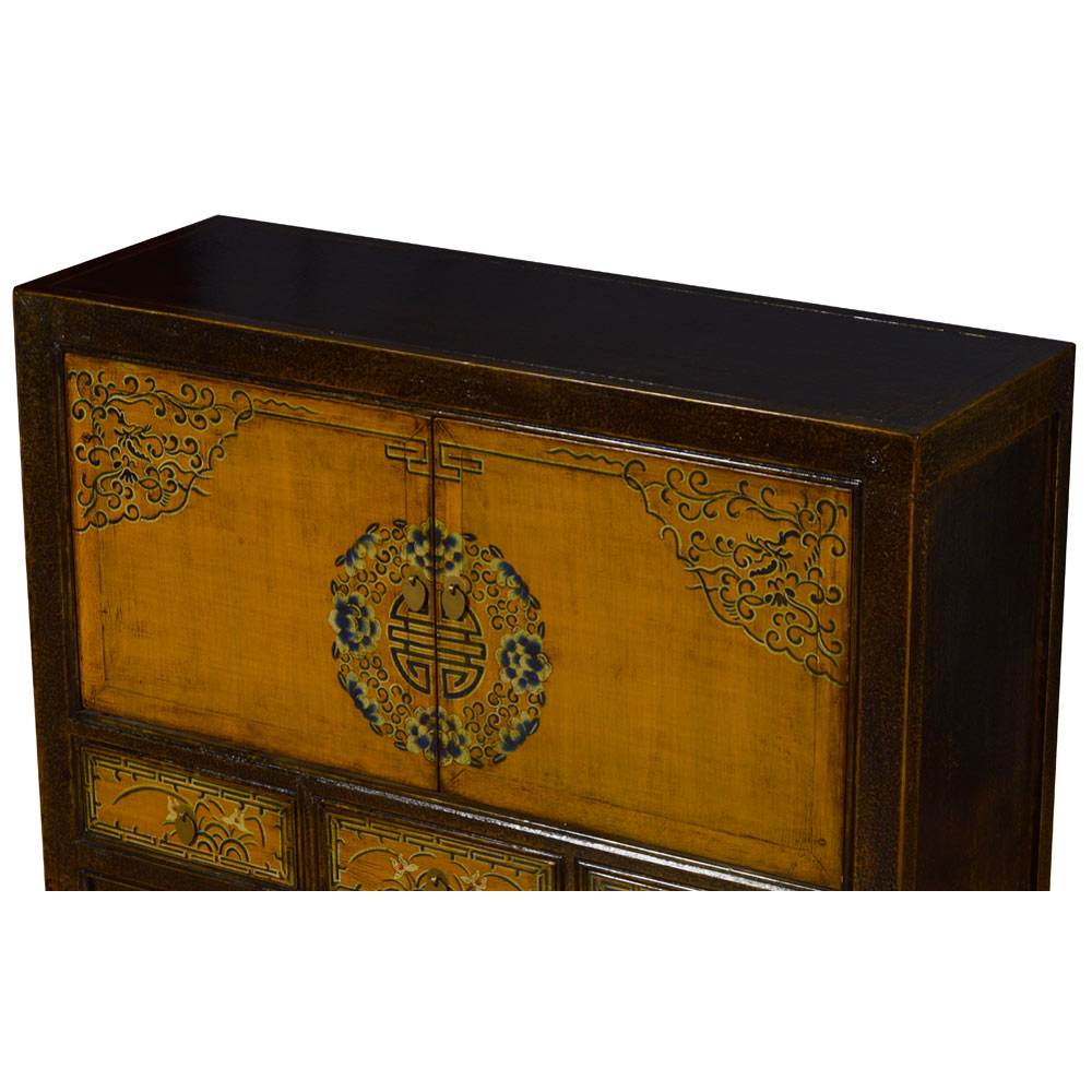 Distressed Golden Yellow Elmwood Qing Dynasty Oriental Cabinet