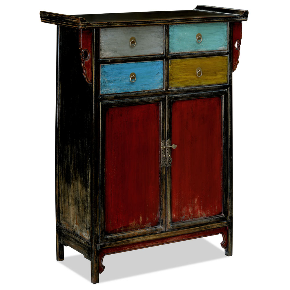 Distressed Multicolor Elmwood Qing Dynasty Altar Style Asian Cabinet