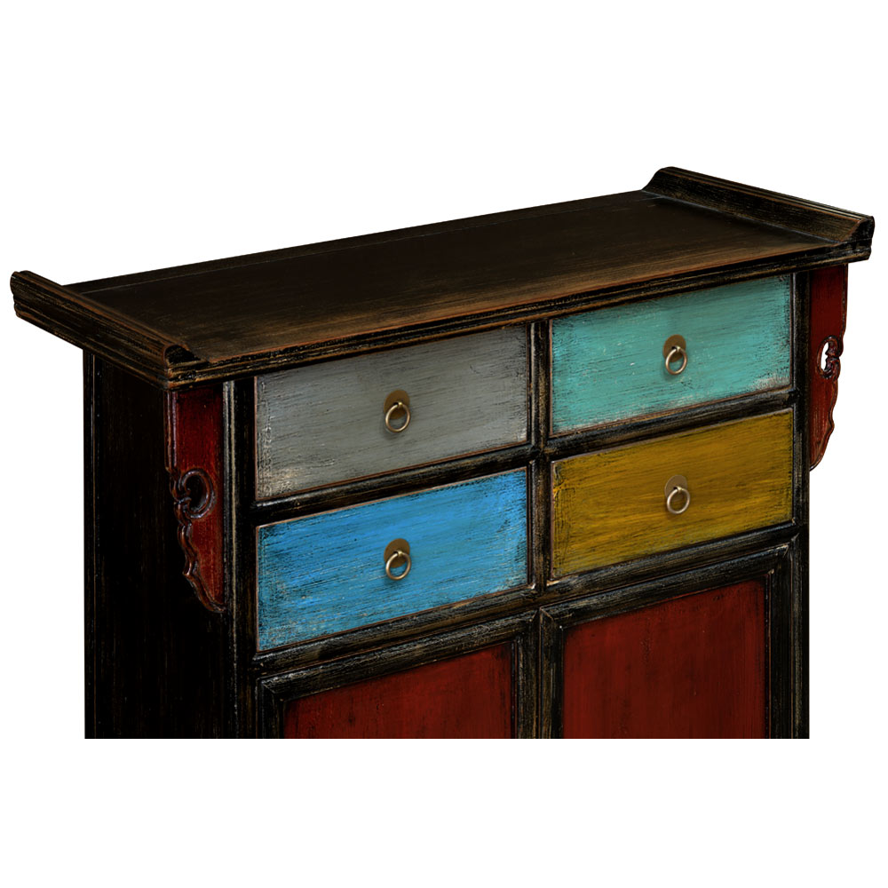 Distressed Multicolor Elmwood Qing Dynasty Altar Style Asian Cabinet