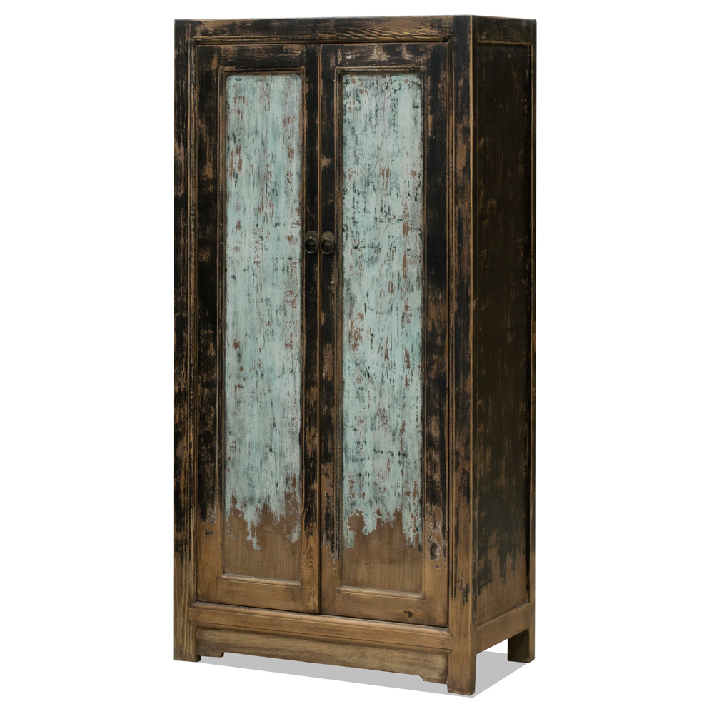 Distressed Black and Light Blue Elmwood Chinese Ming Armoire