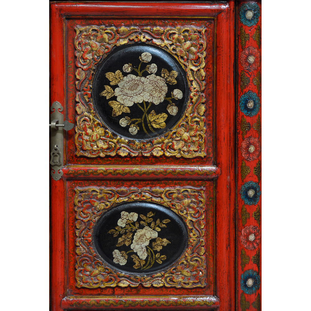 Elmwood Qing Dynasty Oriental Armoire with Peony Flowers