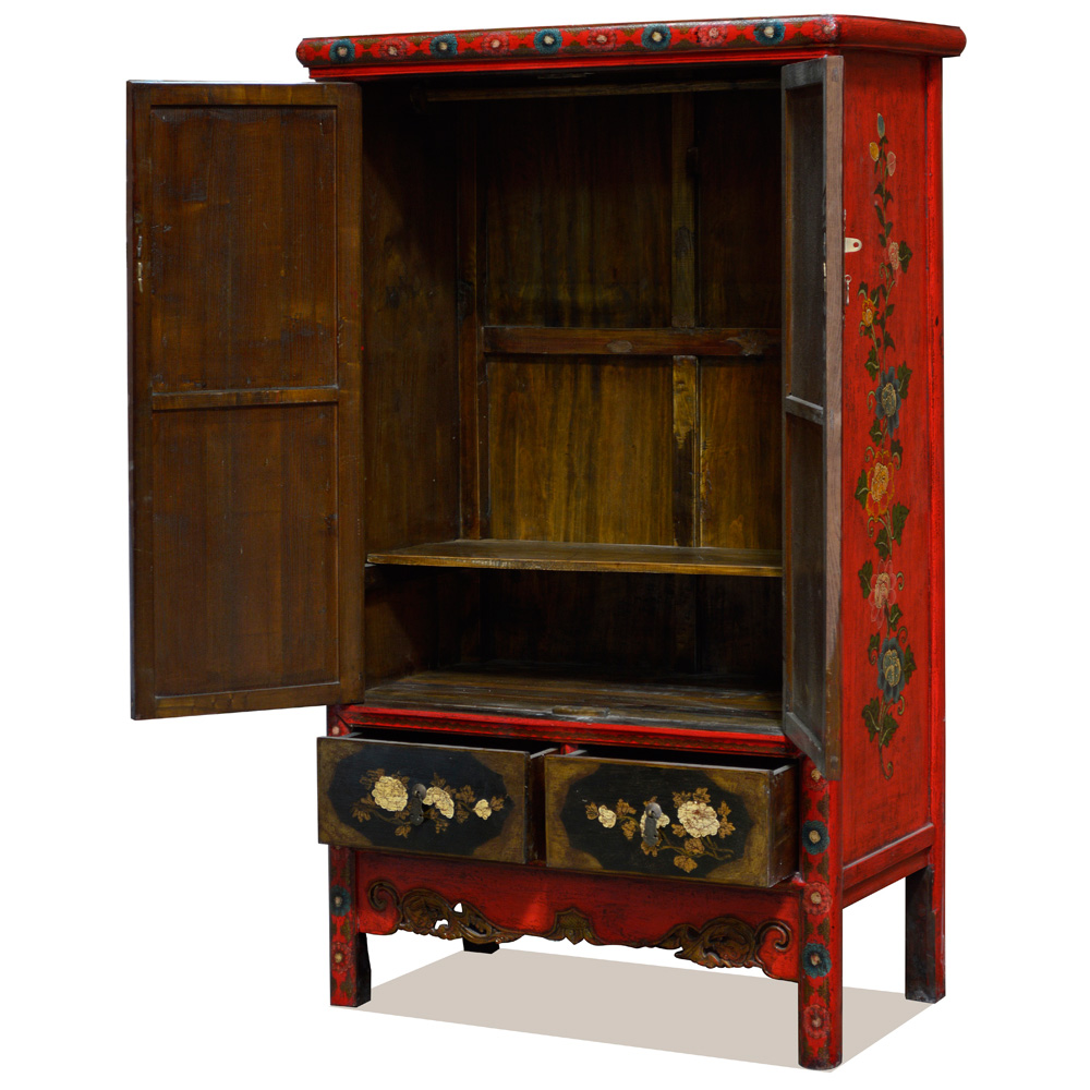 Elmwood Qing Dynasty Oriental Armoire with Peony Flowers