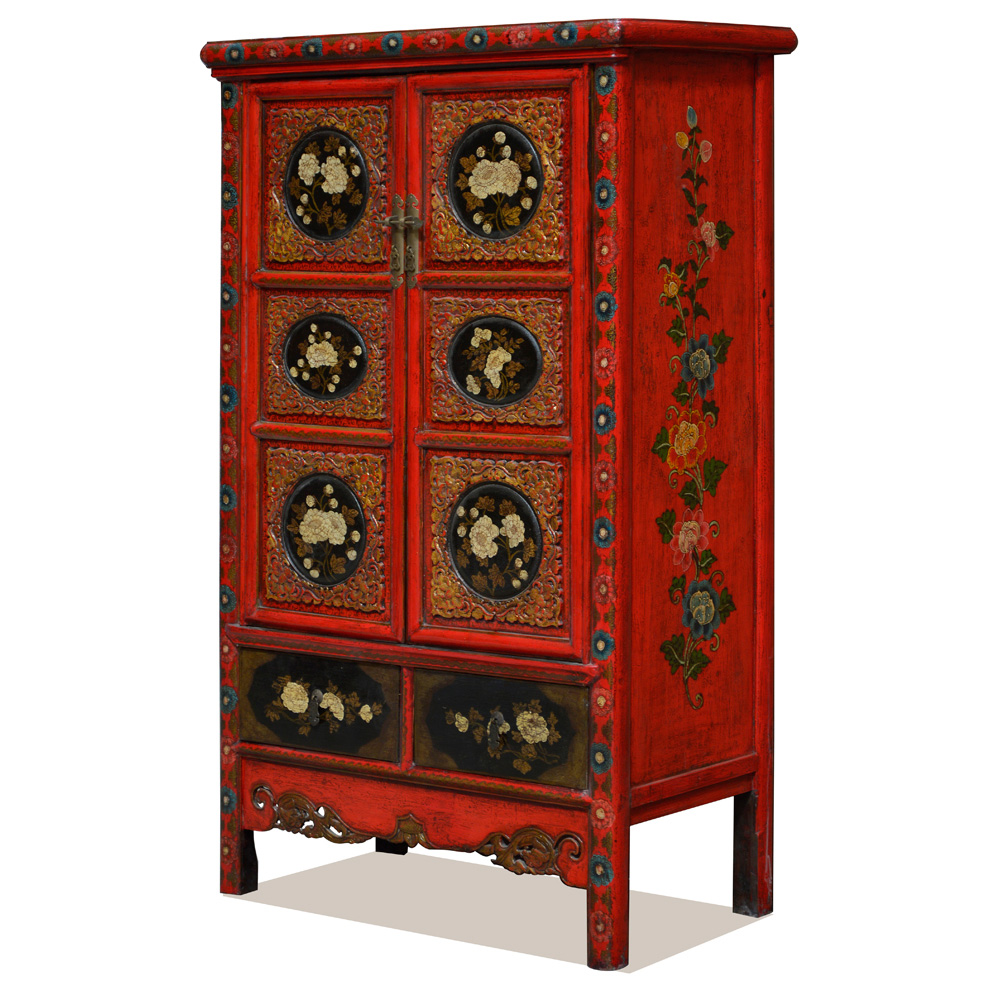 Elmwood Qing Dynasty Oriental Armoire with Peony Flowers