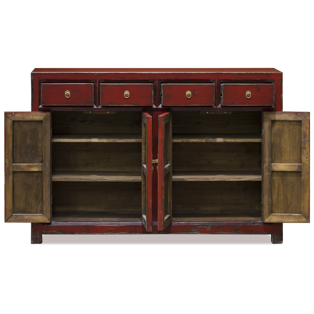 Distressed Red Elmwood Chinese Ming Sideboard