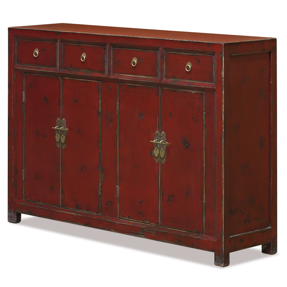 Distressed Red Elmwood Chinese Ming Sideboard