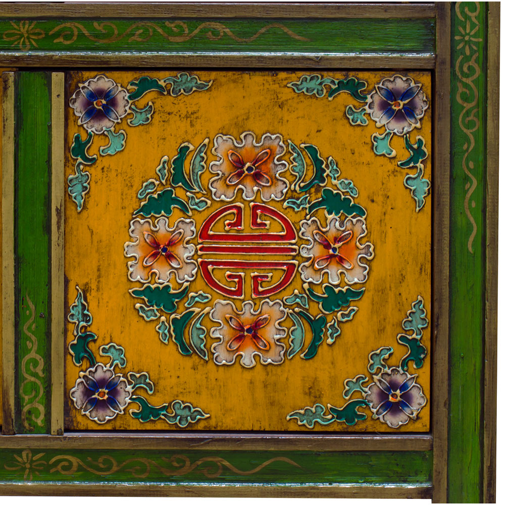 Hand Painted Green and Yellow Floral Motif Tibetan Chest