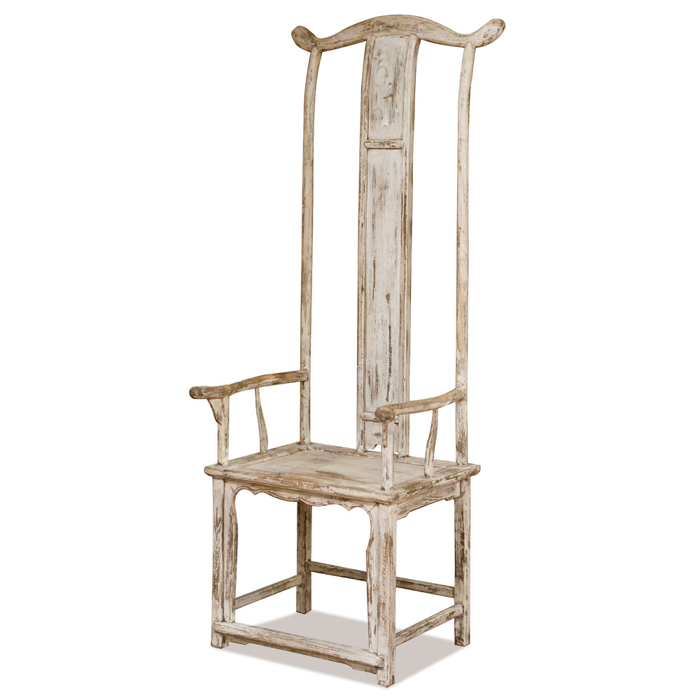 Distressed White Elmwood Ming Tall Arm Chair