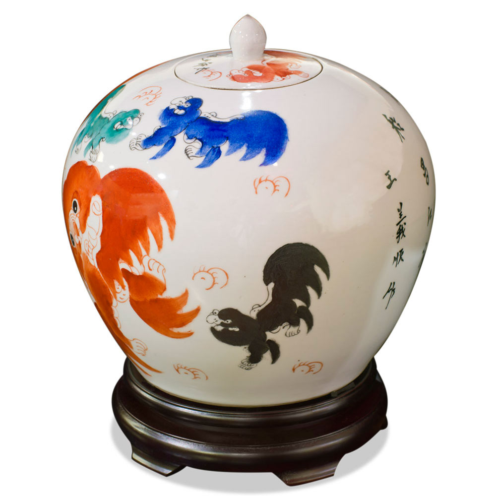 White Porcelain Oriental Jar with Peking Foo Dogs