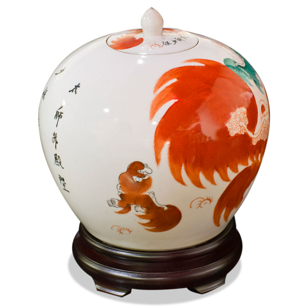 White Porcelain Oriental Jar with Peking Foo Dogs