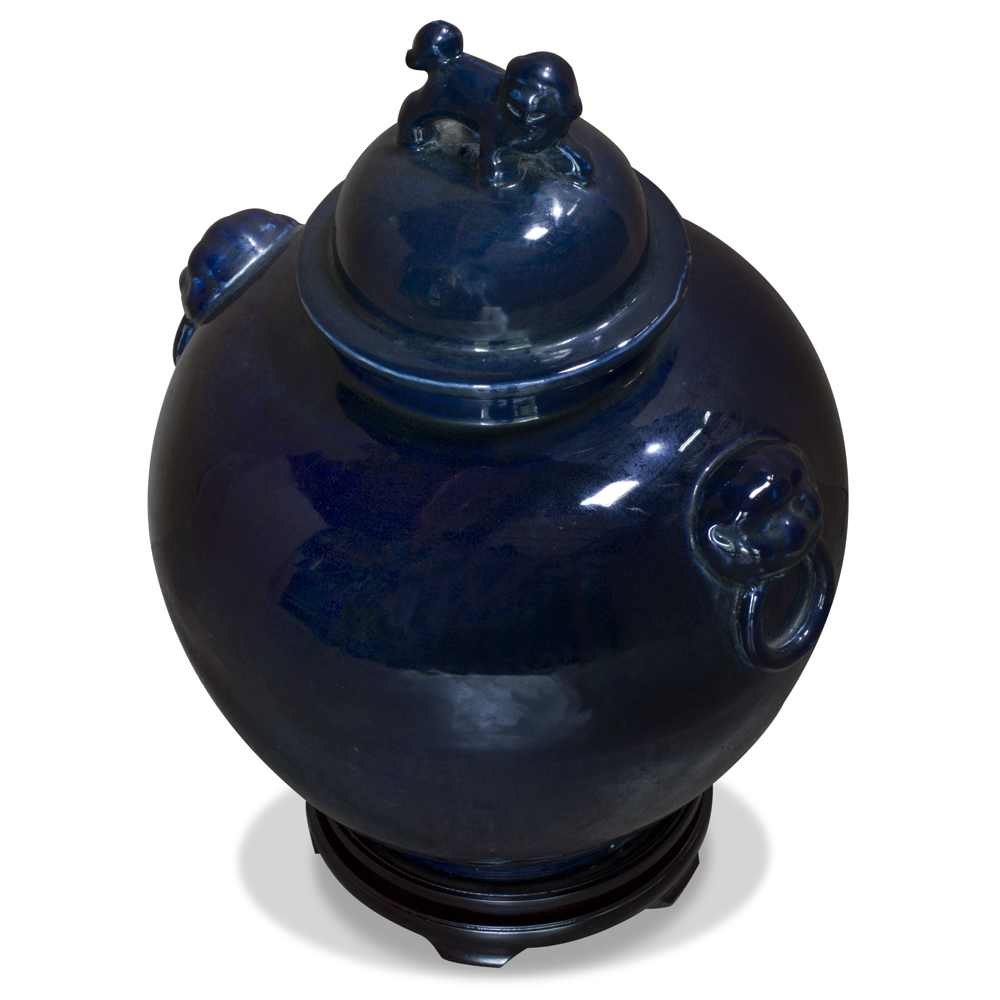 Vintage Indigo Ceramic Foo Dog Oriental Jar