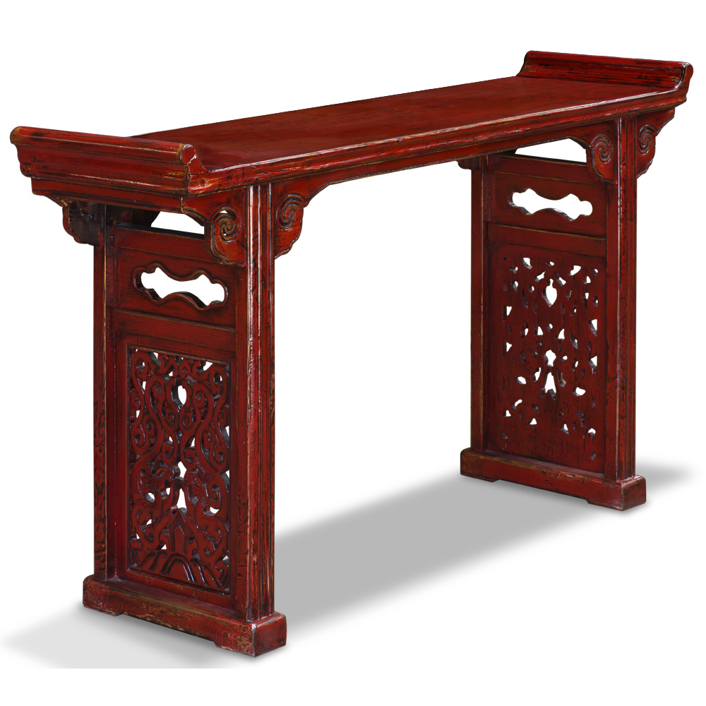 Vintage Red Elmwood Cloud Altar Oriental Console Table