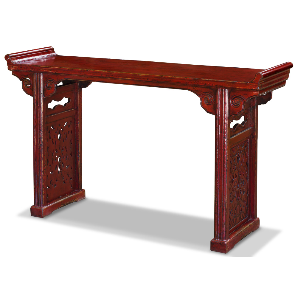 Vintage Red Elmwood Cloud Altar Oriental Console Table