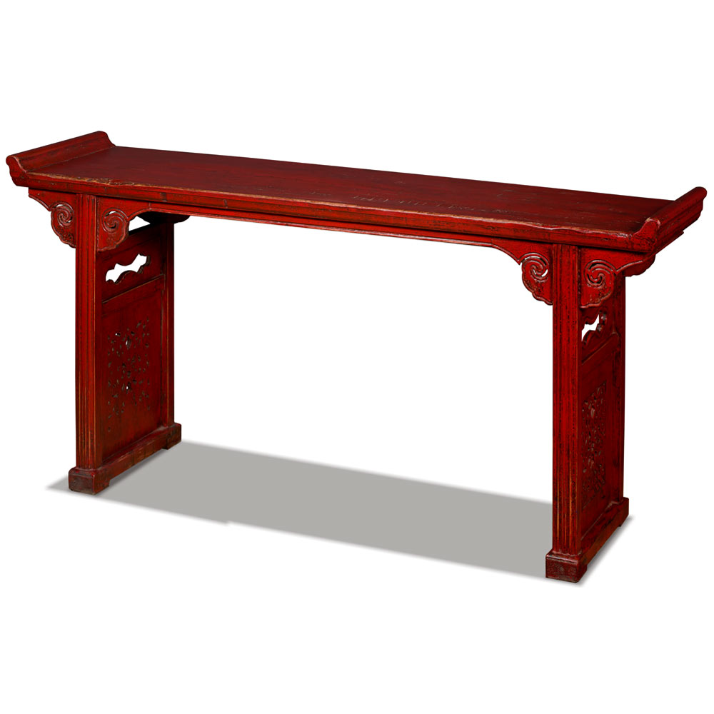 Vintage Red Elmwood Cloud Oriental Altar Console Table