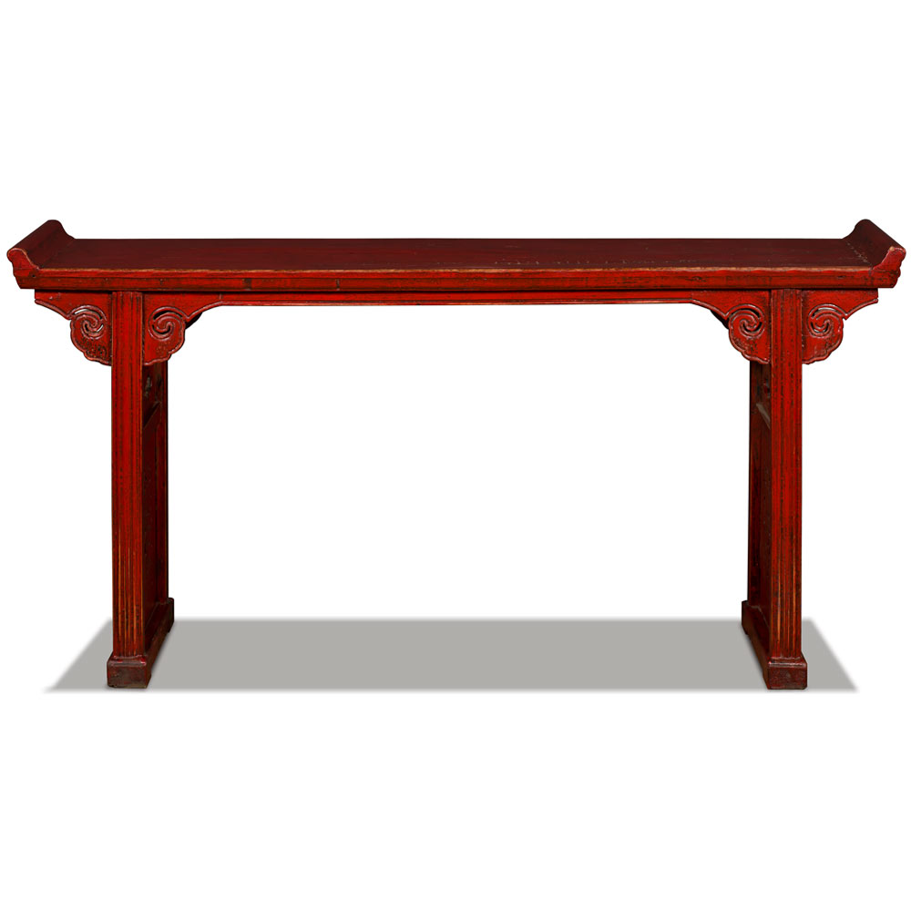 Vintage Red Elmwood Cloud Oriental Altar Console Table