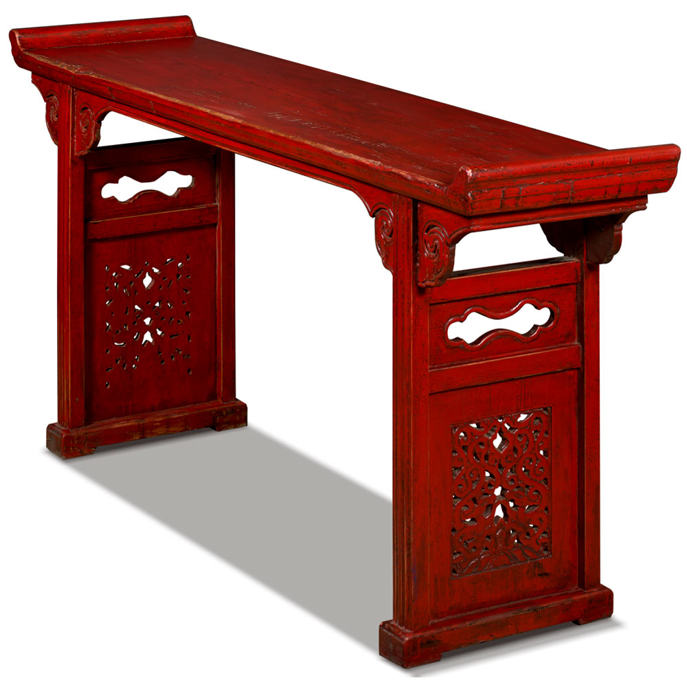 Vintage Red Elmwood Cloud Oriental Altar Console Table