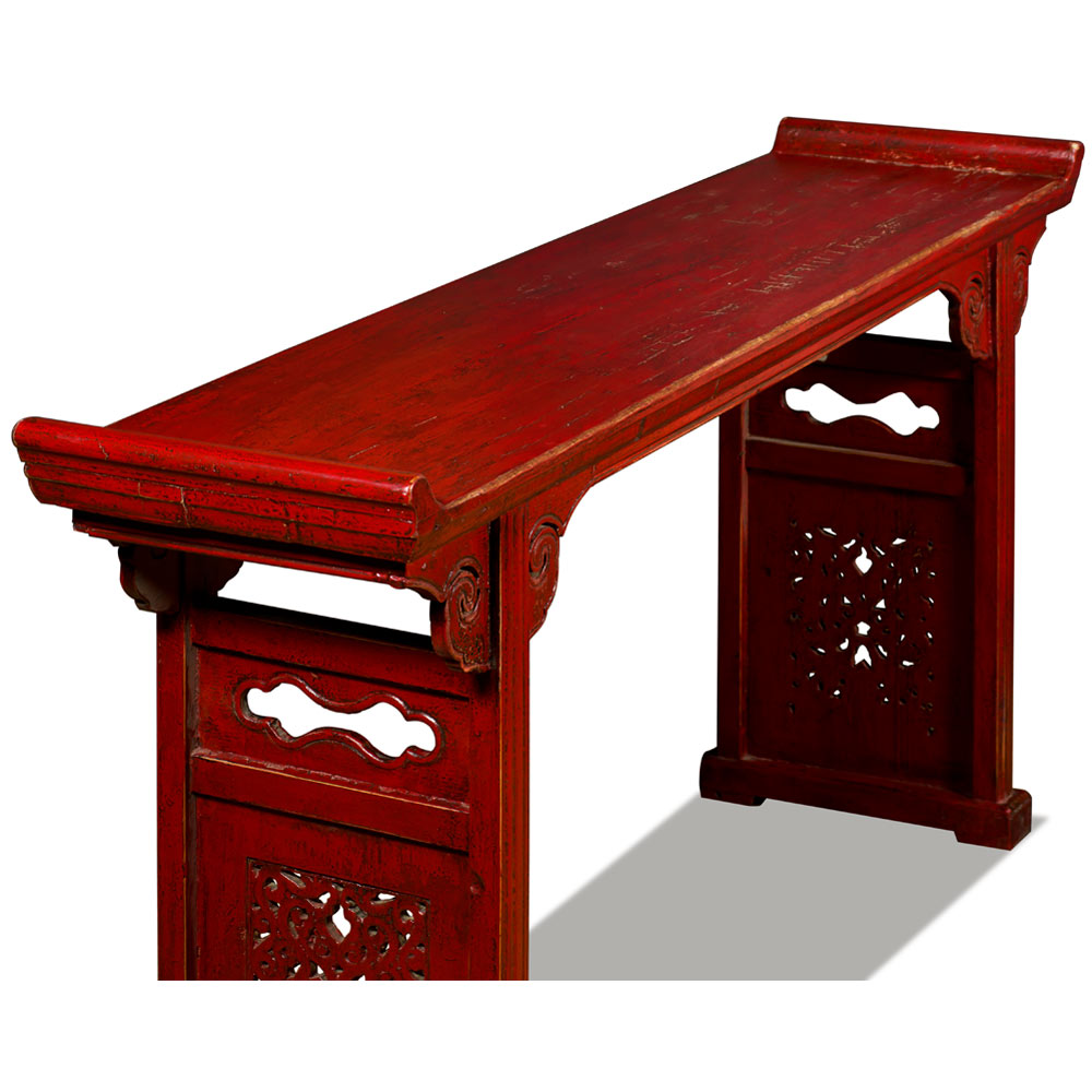 Vintage Red Elmwood Cloud Oriental Altar Console Table