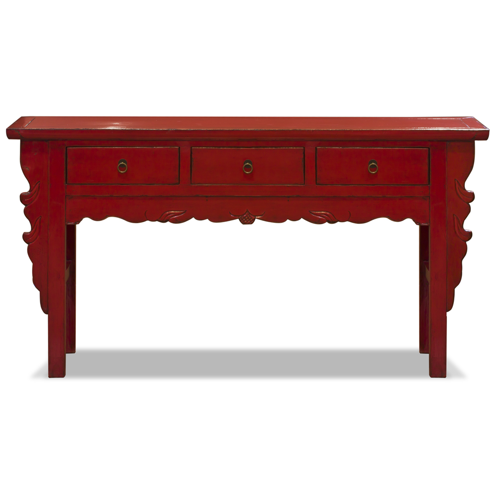 Vintage Distressed Red Elmwood Oriental Console Table with Drawers