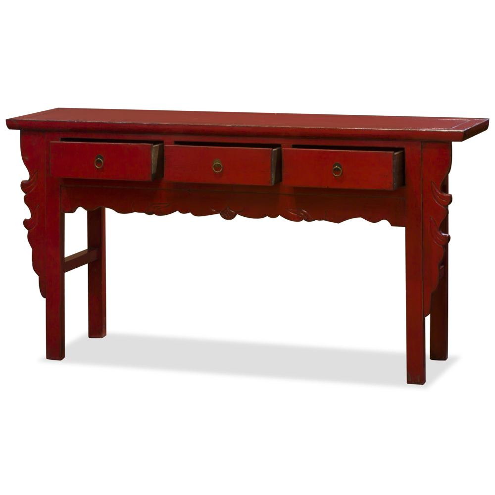 Vintage Distressed Red Elmwood Oriental Console Table with Drawers