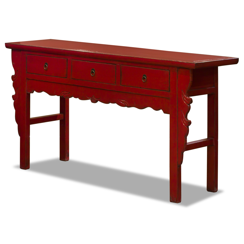 Vintage Distressed Red Elmwood Oriental Console Table with Drawers