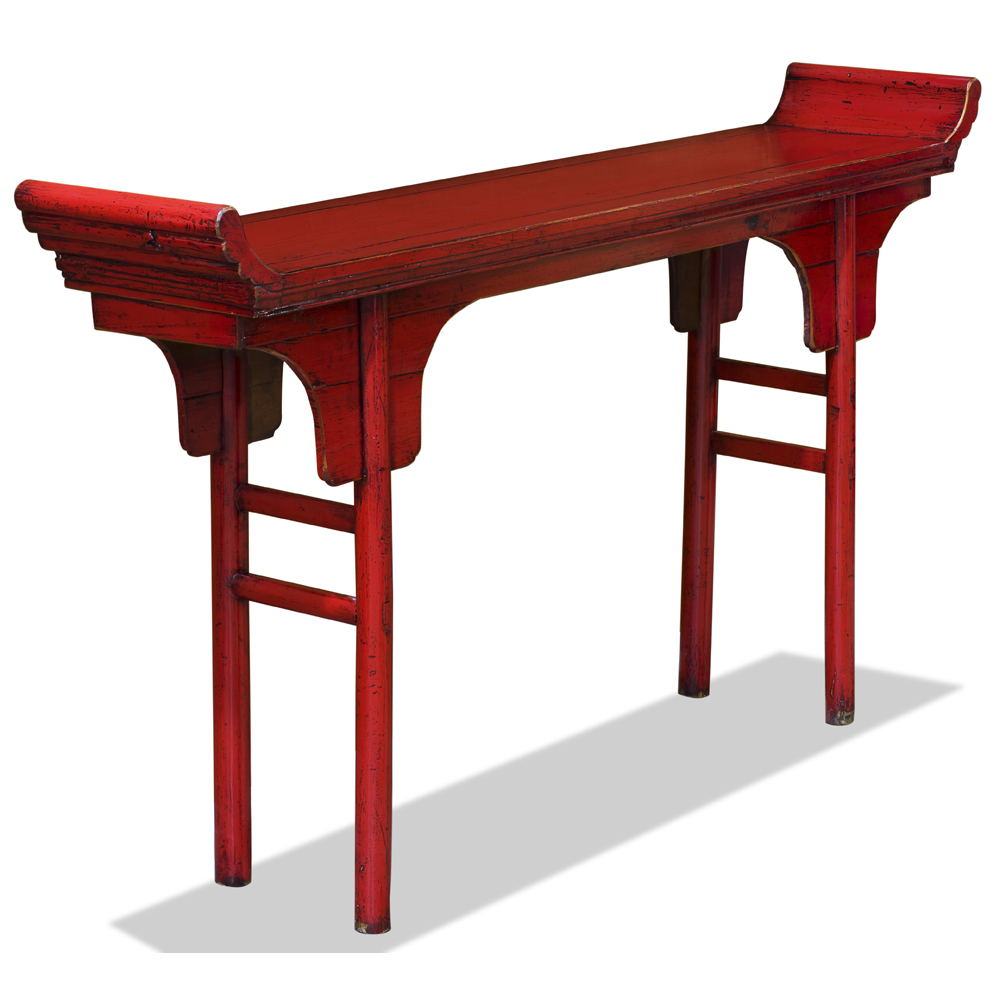 Distressed Red Elmwood Oriental Altar Style Console Table