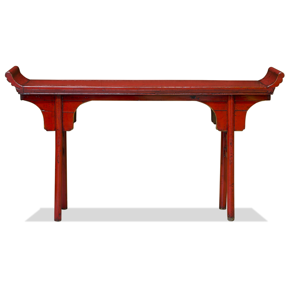 Distressed Red Elmwood Oriental Altar Style Console Table