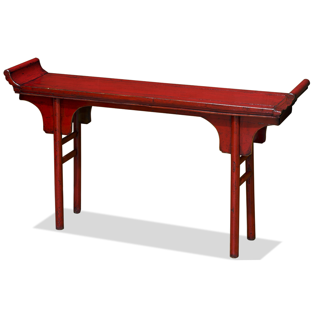 Distressed Red Elmwood Oriental Altar Style Console Table