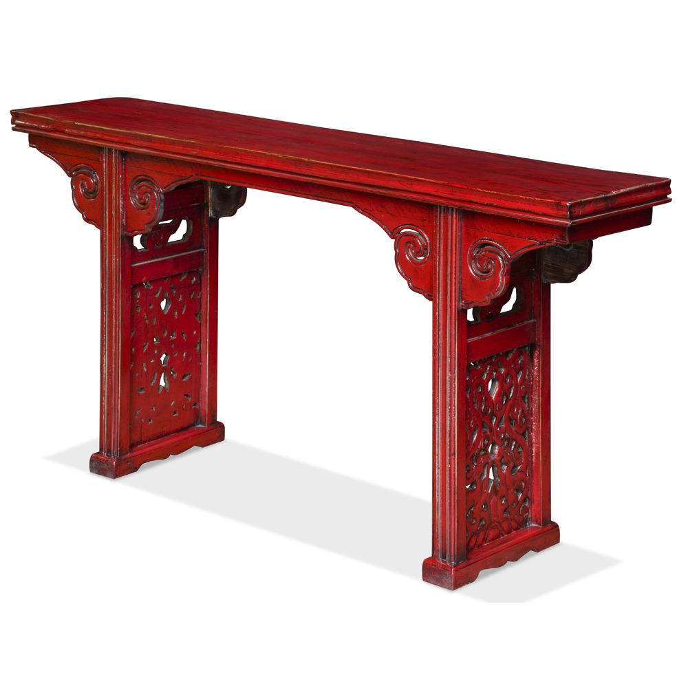 Distressed Red Elmwood Asian Altar Style Console Table