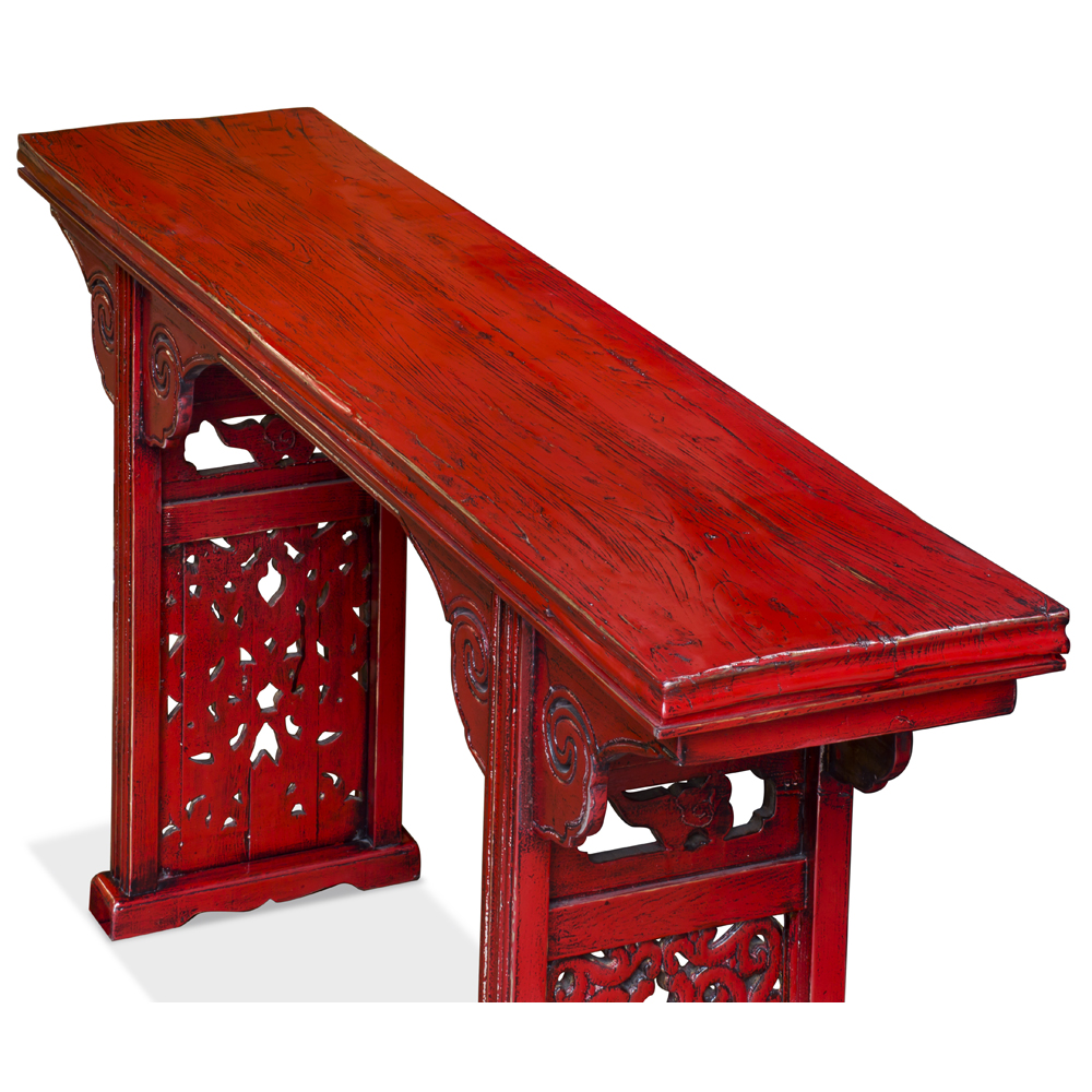 Distressed Red Elmwood Asian Altar Style Console Table