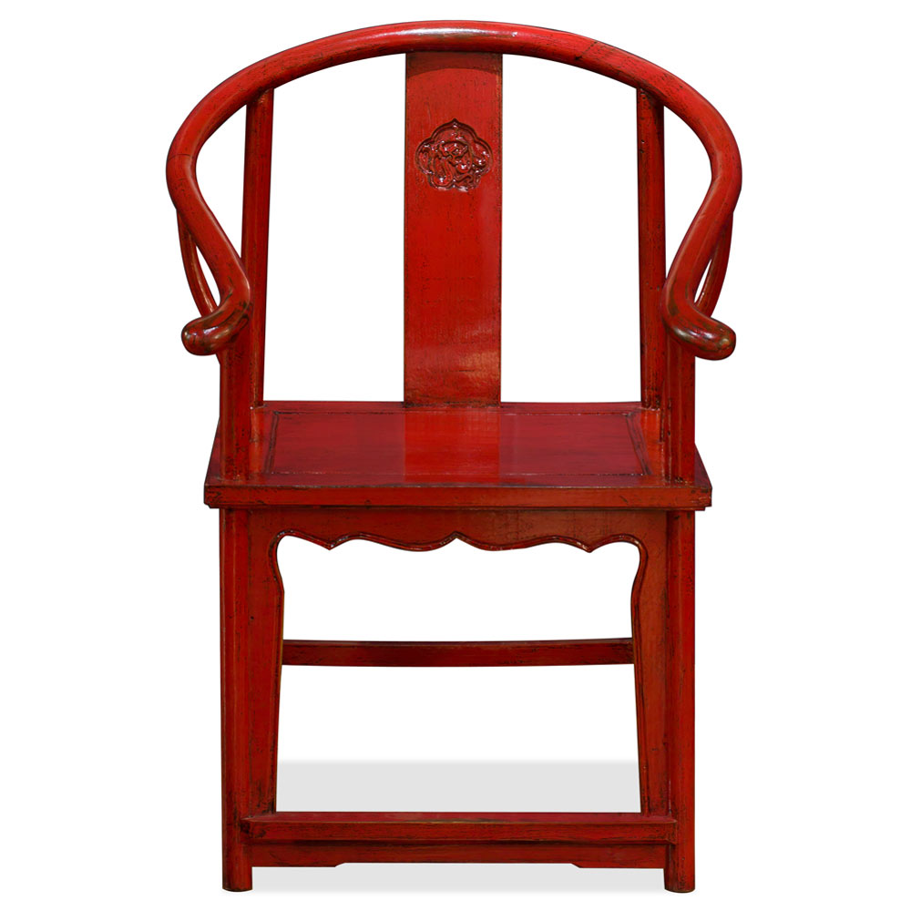 Distressed Red Elmwood Chinese Ming Arm Chair