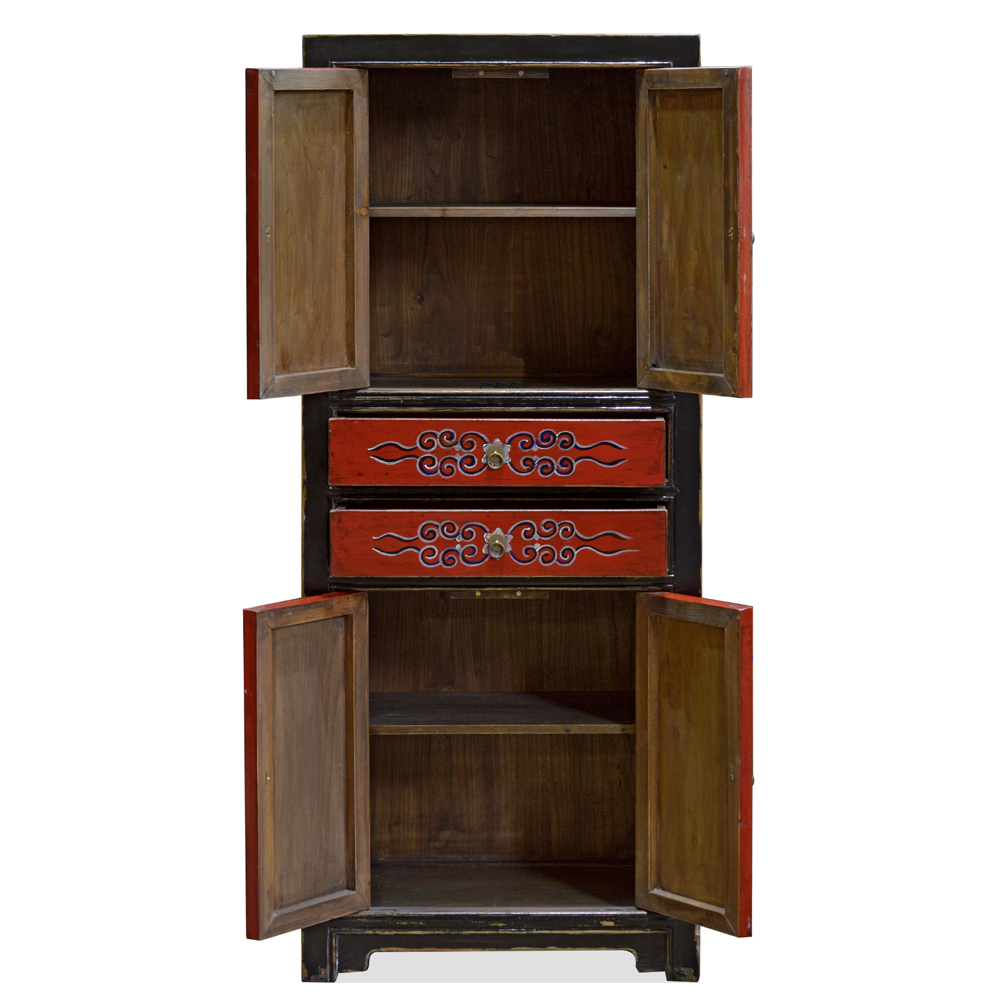 Black and Red Elmwood Tibetan Tall Storage Cabinet