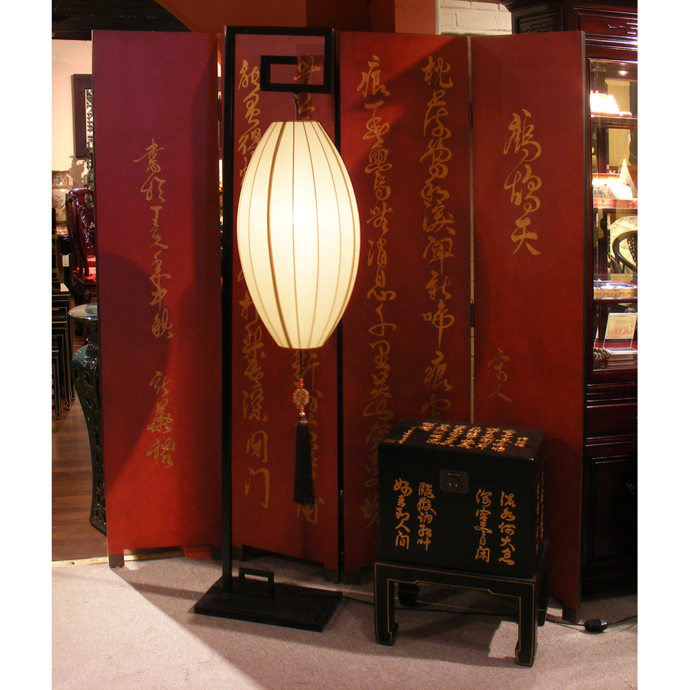 Hanging Chinese Palace Floor Lantern with Beige Shade