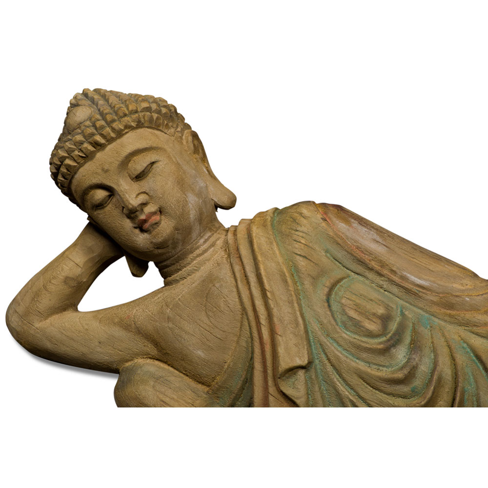 Vintage Reclining Buddha Chinese Wooden Sculpture