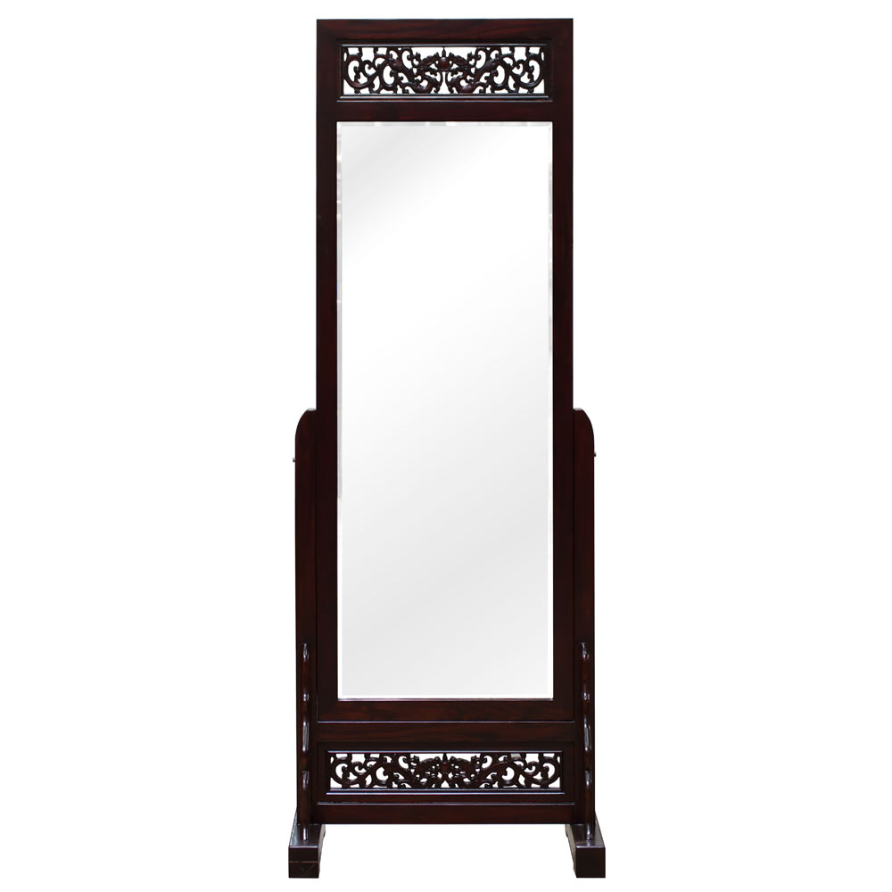 Dark Cherry Dragon Motif Elmwood Chinese Full Length Floor Mirror