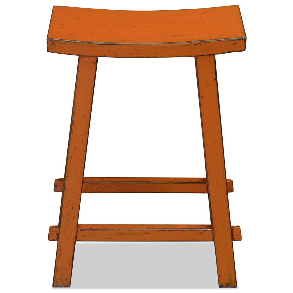 Distressed Orange Elmwood Zen Style Asian Bar Stool