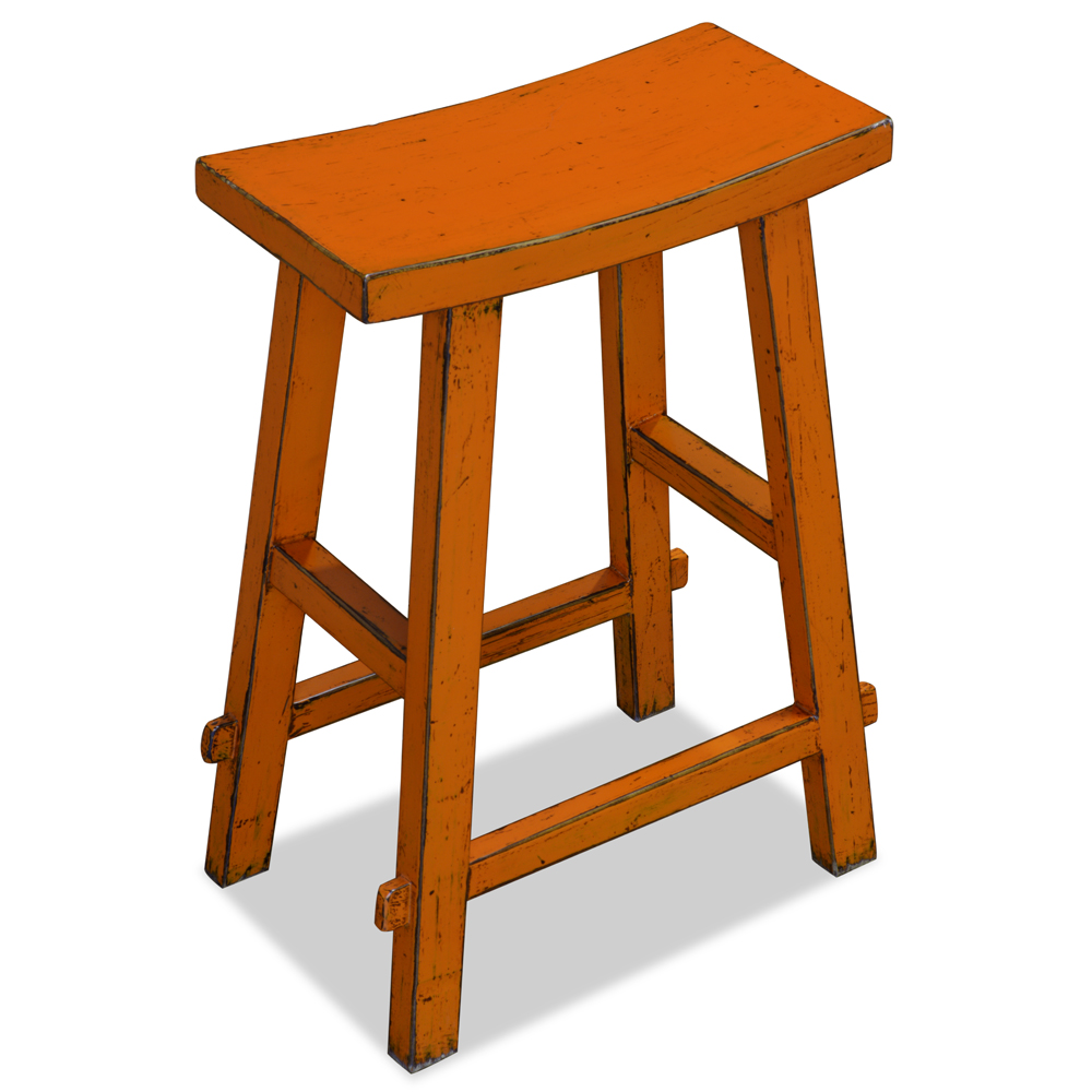 Distressed Orange Elmwood Zen Style Asian Bar Stool