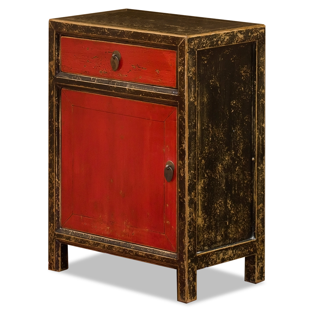 Distressed Black and Red Elmwood Petite Peking Asian Cabinet