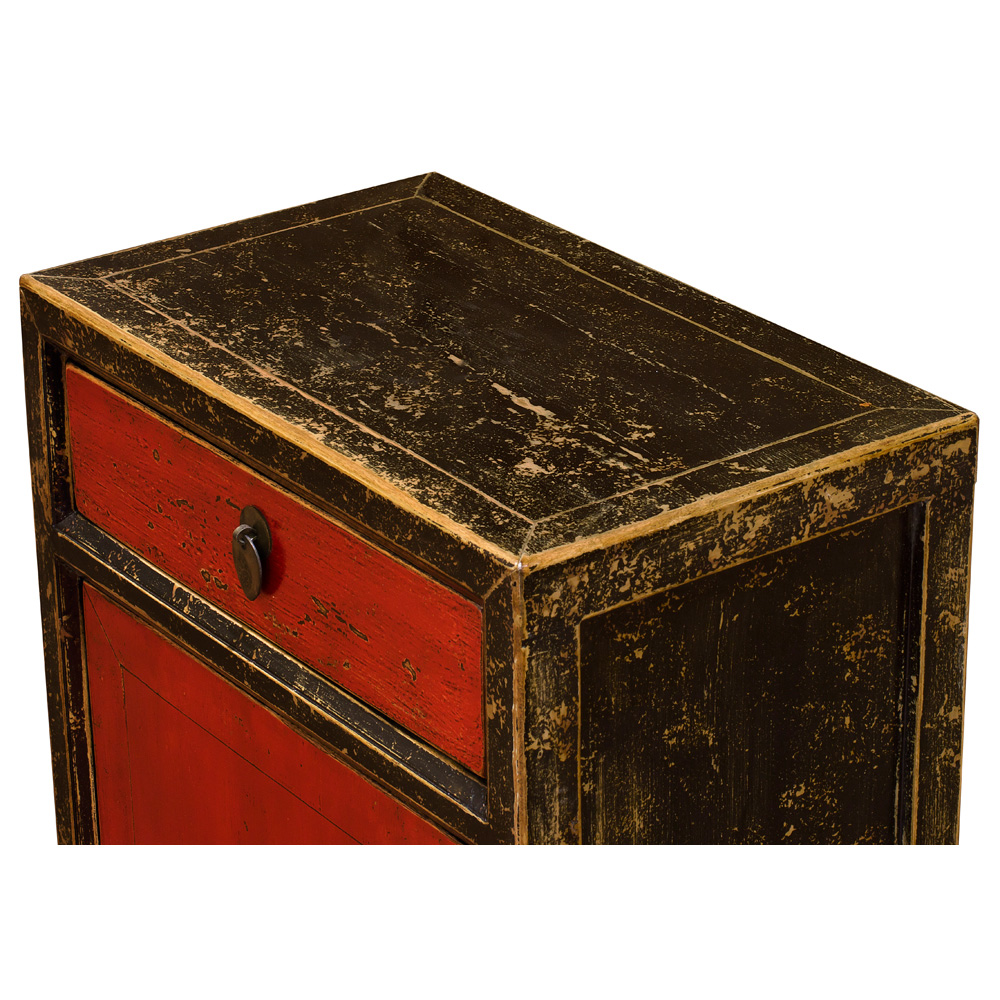 Distressed Black and Red Elmwood Petite Peking Asian Cabinet