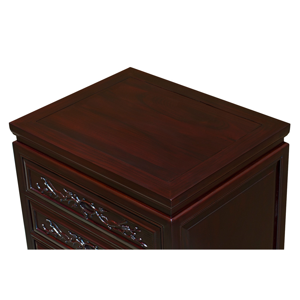 Dark Cherry Elmwood Flower and Birds Oriental Nightstand with 3 Drawers