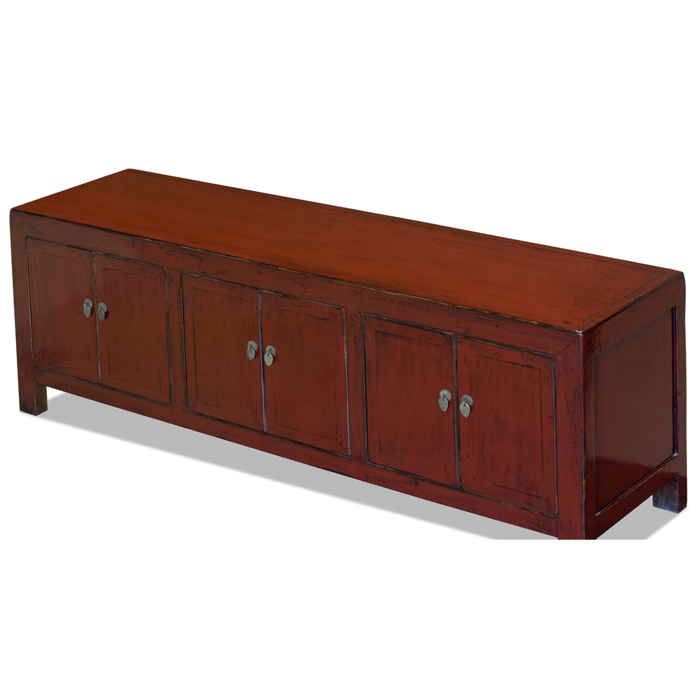 Distressed Red Elmwood Kang Asian Media Cabinet