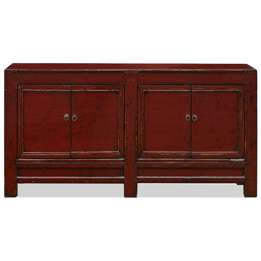 Distressed Dark Red Elmwood Asian Gansu Cabinet