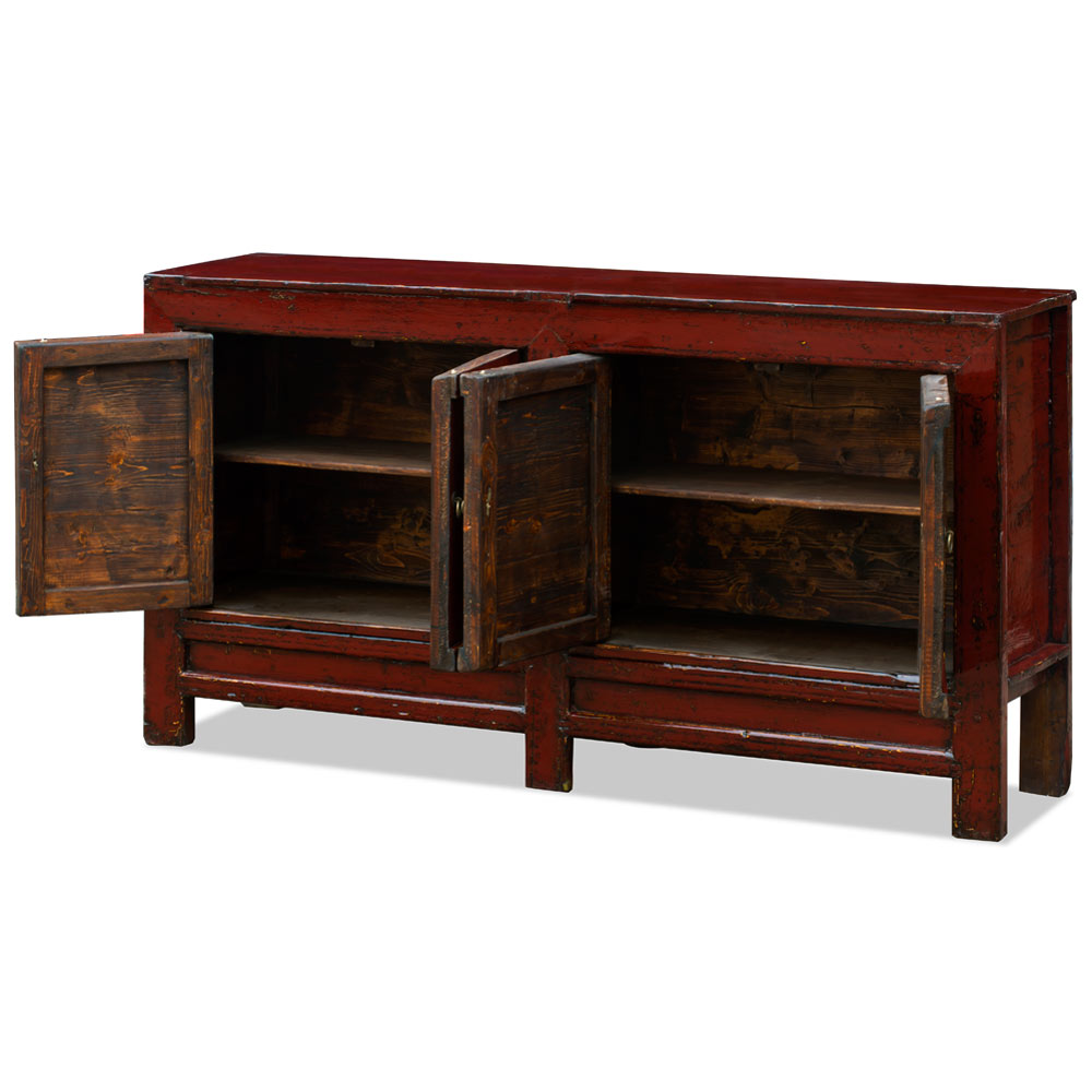 Distressed Dark Red Elmwood Asian Gansu Cabinet