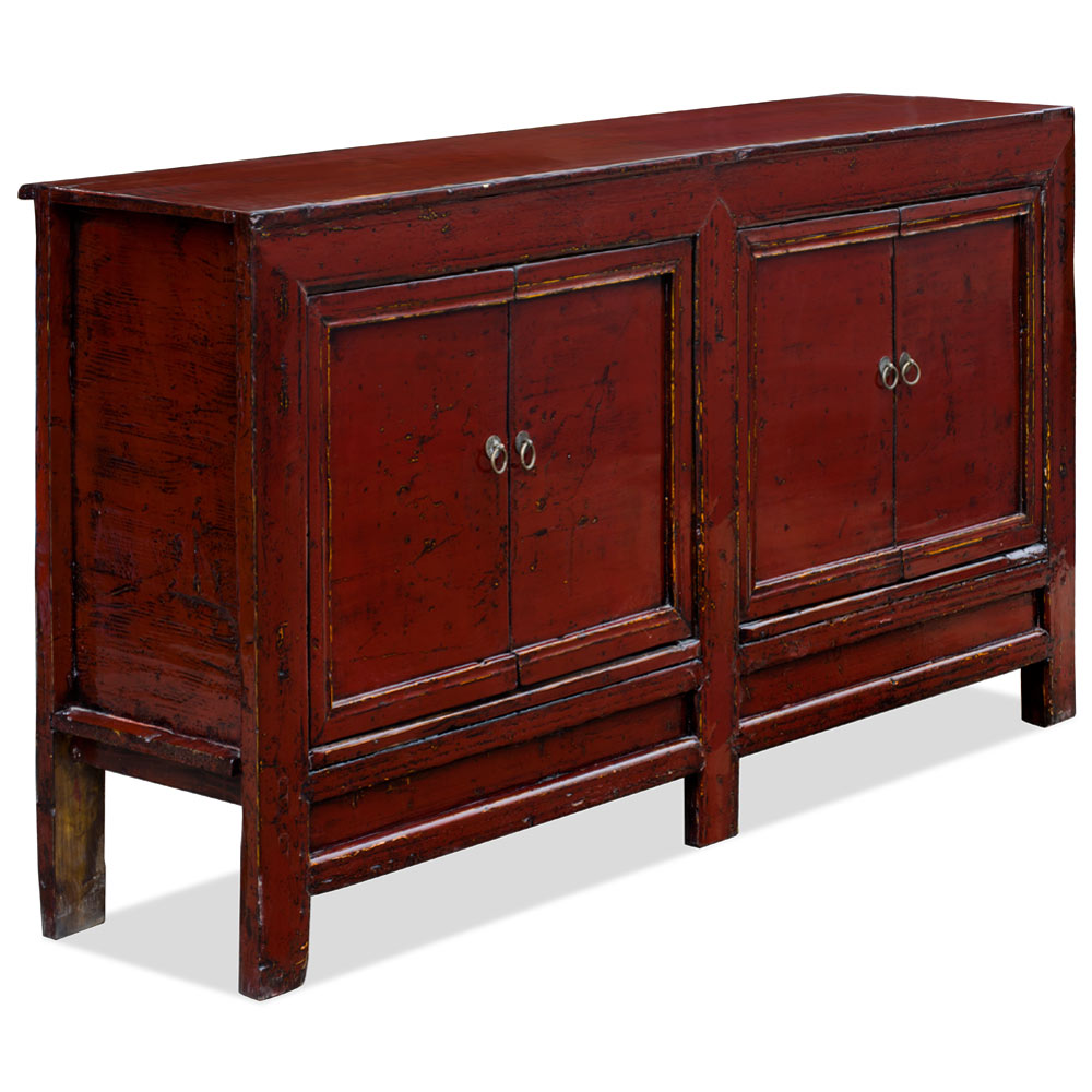 Distressed Dark Red Elmwood Asian Gansu Cabinet